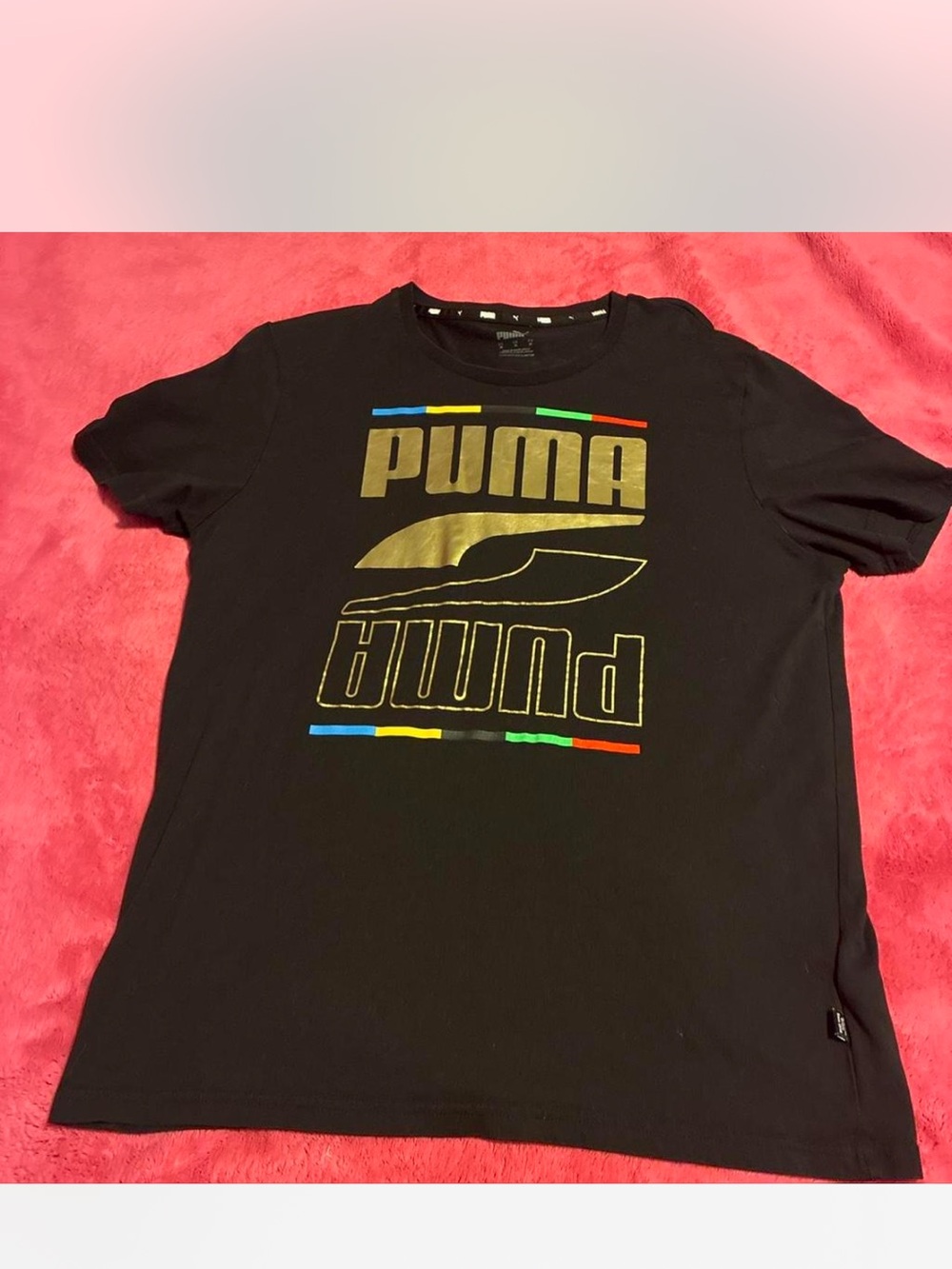 Puma Black Tee with Gold Logo and Multicolor Accents